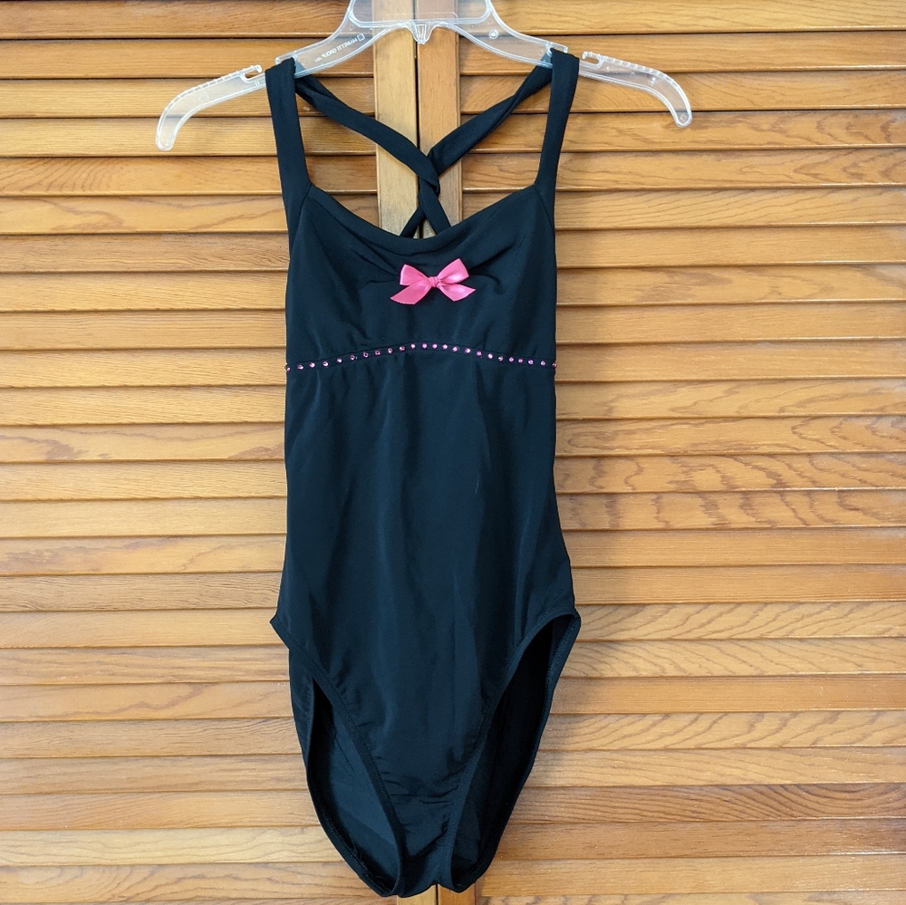 Black Swimsuit / Dance Leotard w/ Hot Pink Bow